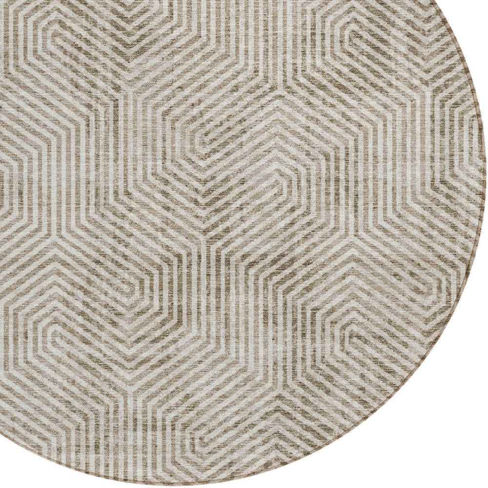 8' Taupe And Beige Round Geometric Washable Indoor Outdoor Area Rug