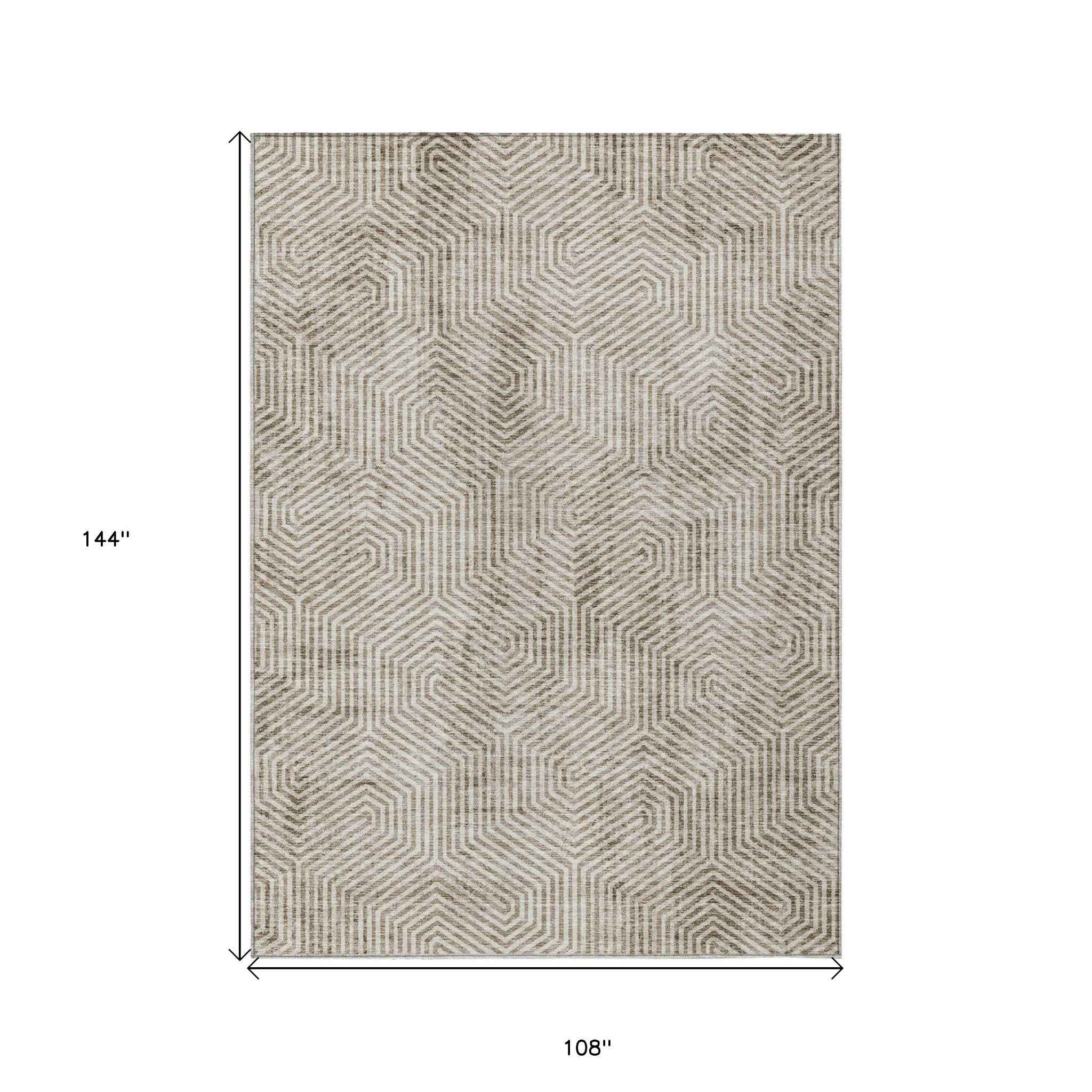 9' X 12' Taupe And Beige Geometric Washable Indoor Outdoor Area Rug