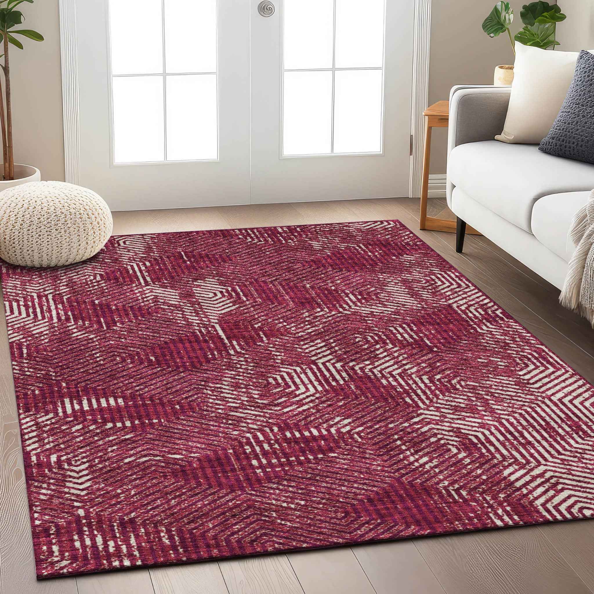 8' X 10' Burgundy And Ivory Geometric Washable Indoor Outdoor Area Rug