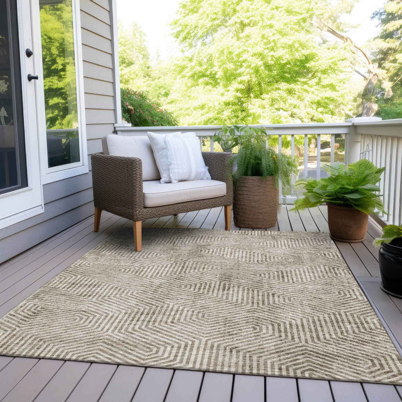 9' X 12' Taupe And Beige Geometric Washable Indoor Outdoor Area Rug