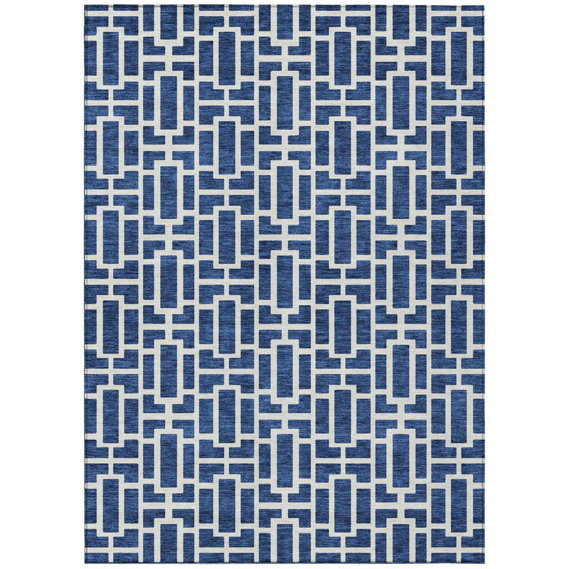 5' X 8' Navy Blue And Ivory Geometric Washable Indoor Outdoor Area Rug