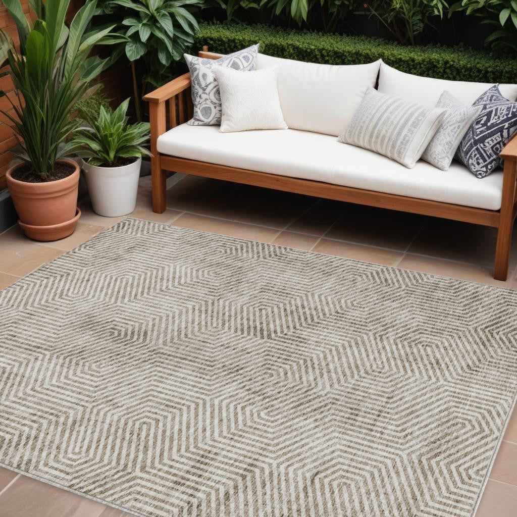 9' X 12' Taupe And Beige Geometric Washable Indoor Outdoor Area Rug