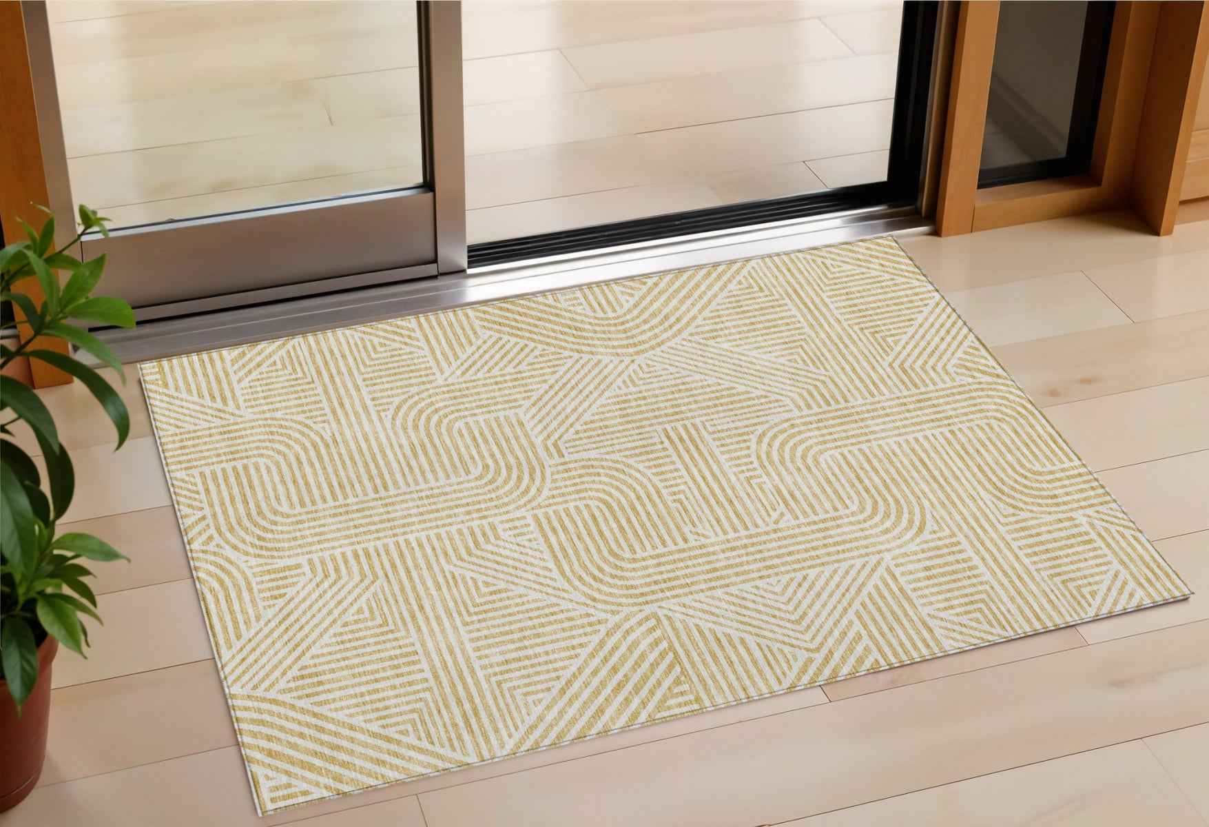 3' X 5' Gold And Beige Abstract Washable Indoor Outdoor Area Rug