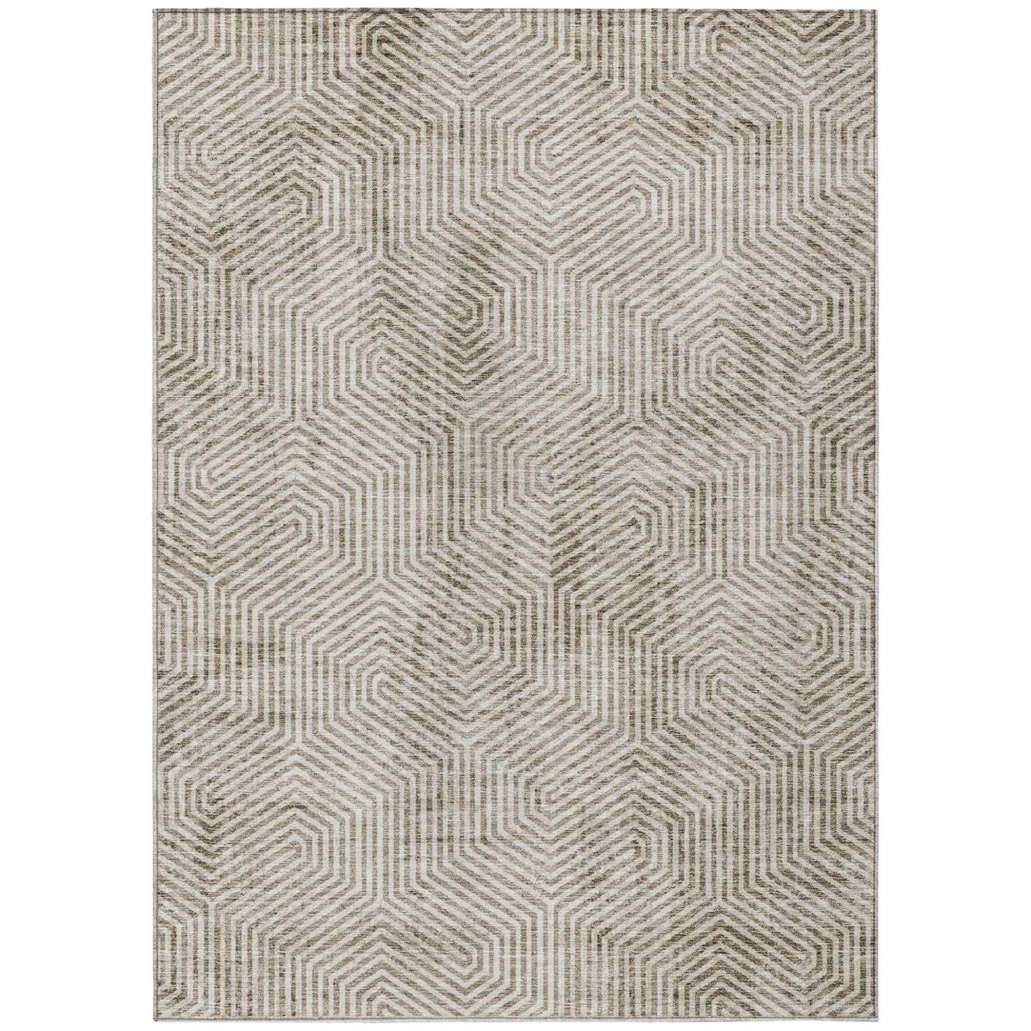 9' X 12' Taupe And Beige Geometric Washable Indoor Outdoor Area Rug