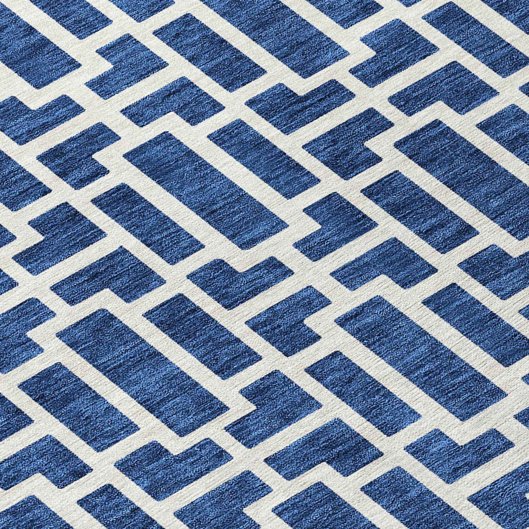5' X 8' Navy Blue And Ivory Geometric Washable Indoor Outdoor Area Rug