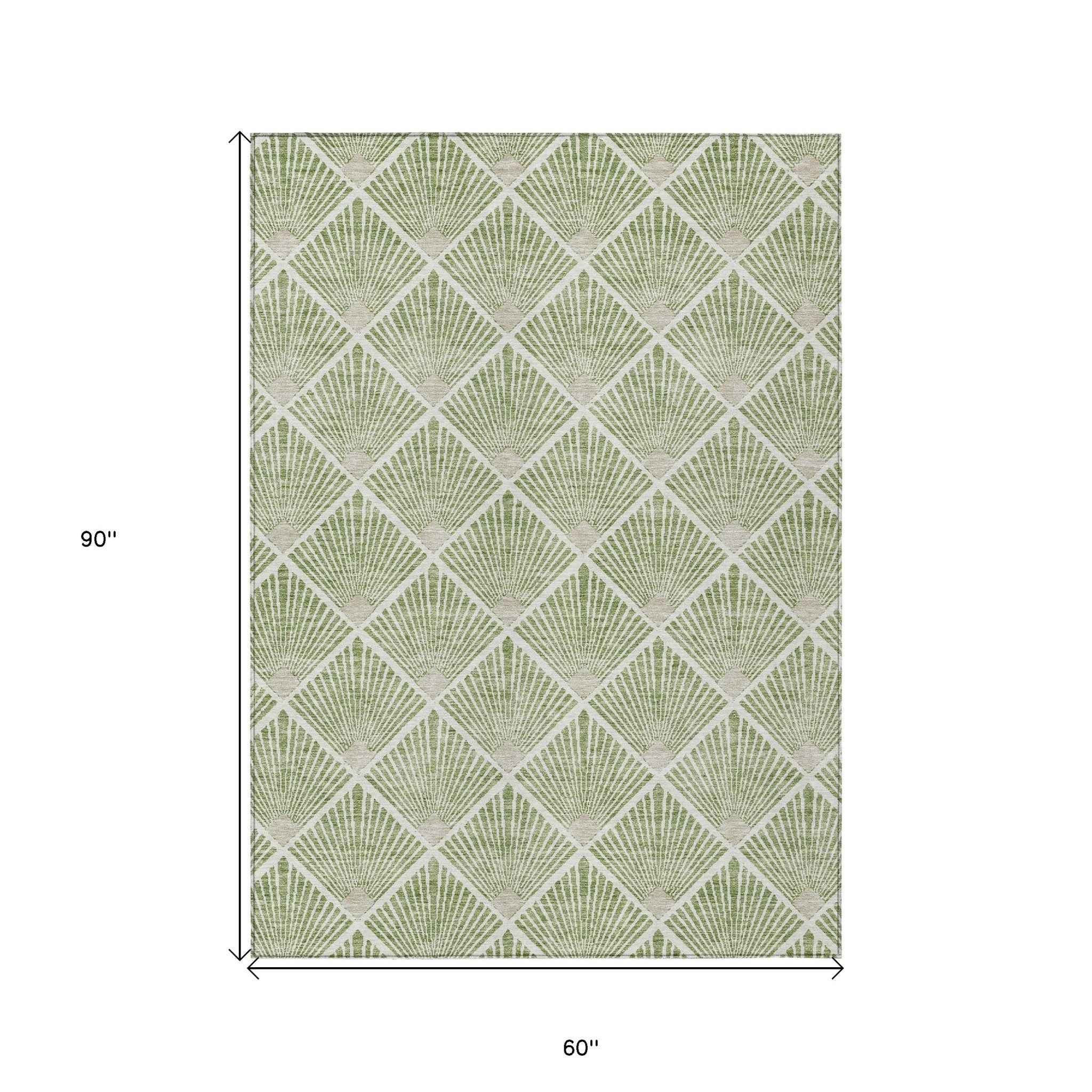 5' X 8' Green Beige And Ivory Geometric Washable Indoor Outdoor Area Rug