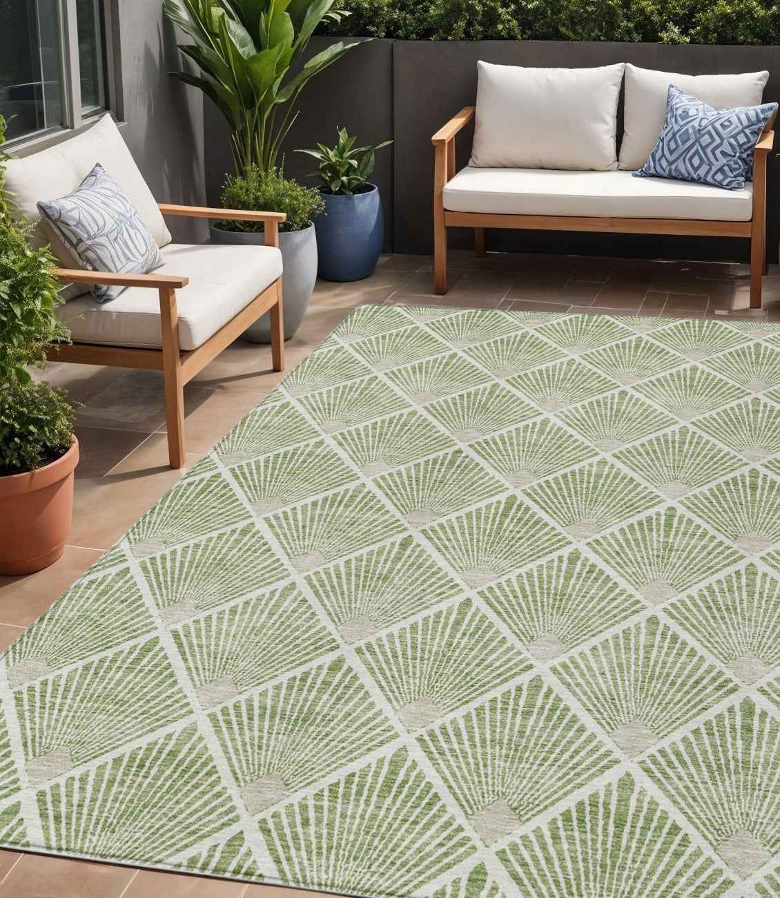 5' X 8' Green Beige And Ivory Geometric Washable Indoor Outdoor Area Rug