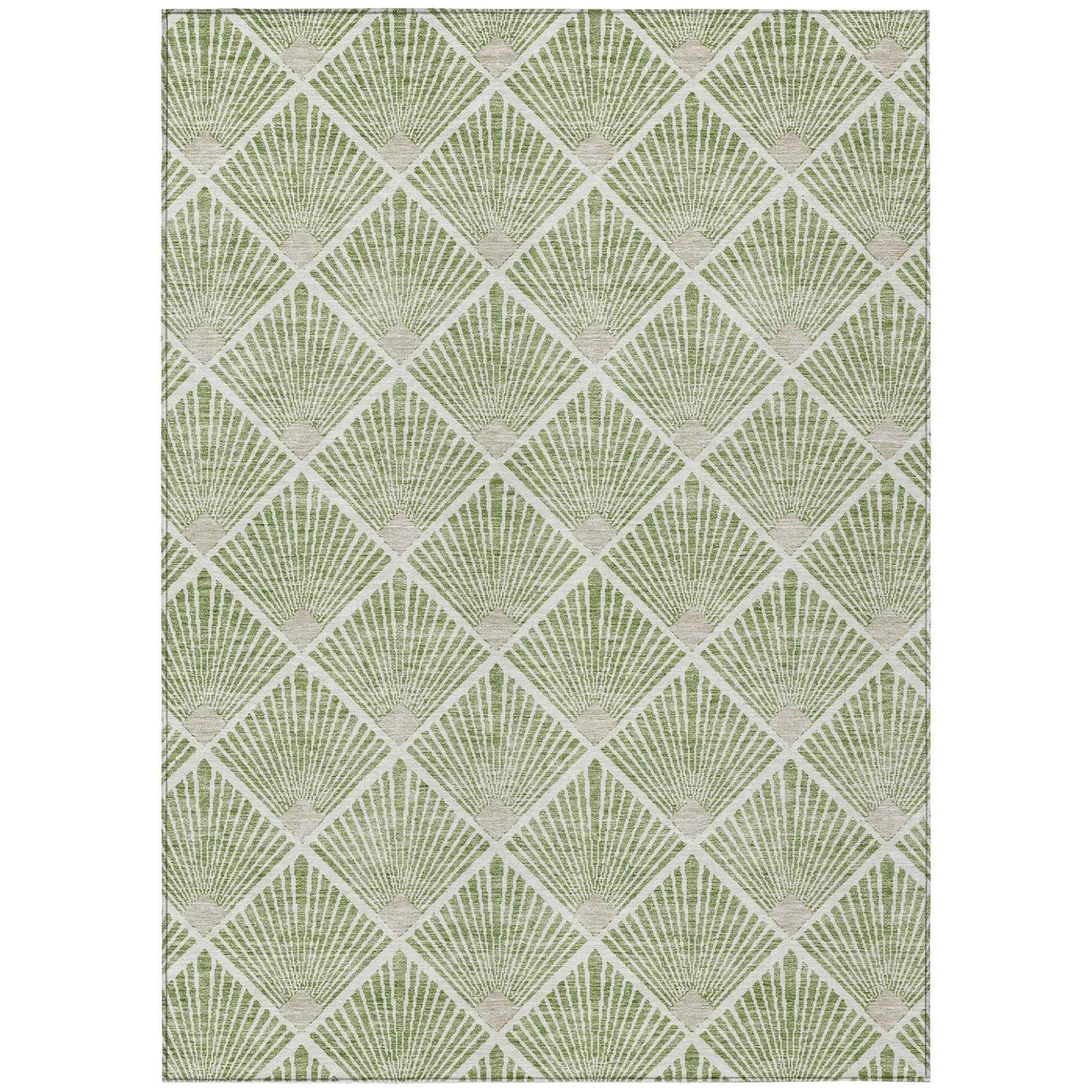 5' X 8' Green Beige And Ivory Geometric Washable Indoor Outdoor Area Rug
