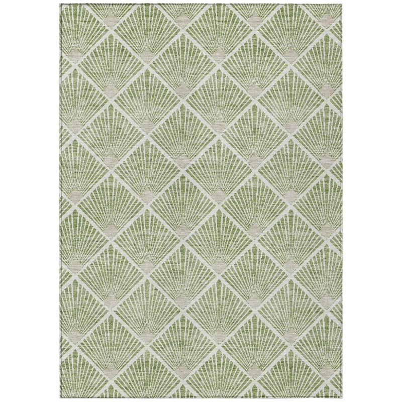 5' X 8' Green Beige And Ivory Geometric Washable Indoor Outdoor Area Rug