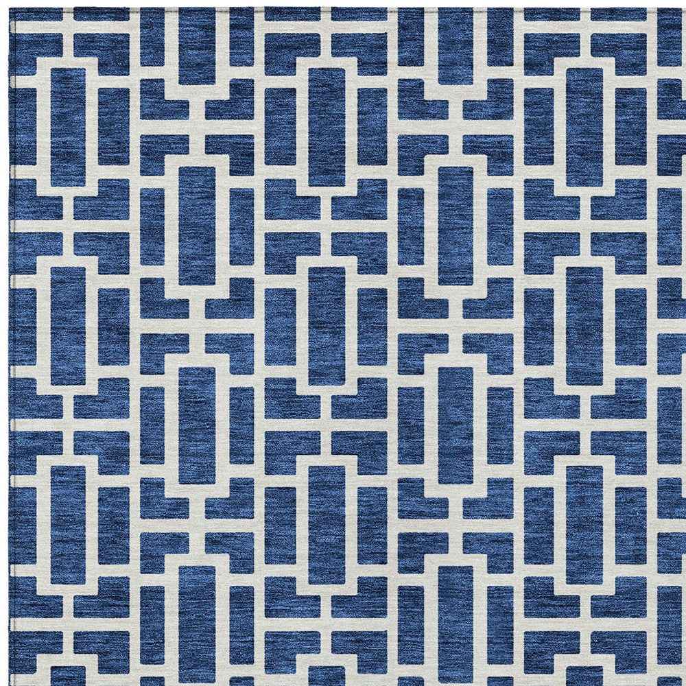5' X 8' Navy Blue And Ivory Geometric Washable Indoor Outdoor Area Rug