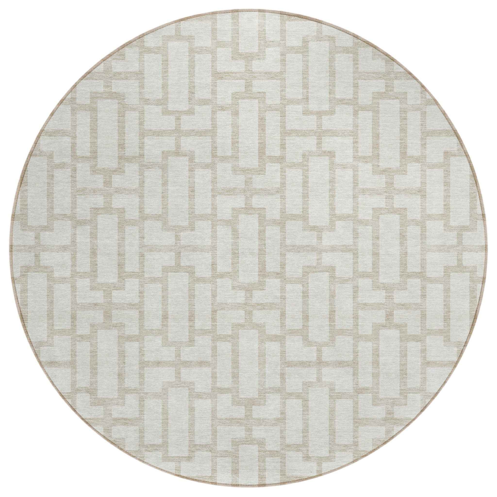 8' Ivory And Beige Round Geometric Washable Indoor Outdoor Area Rug