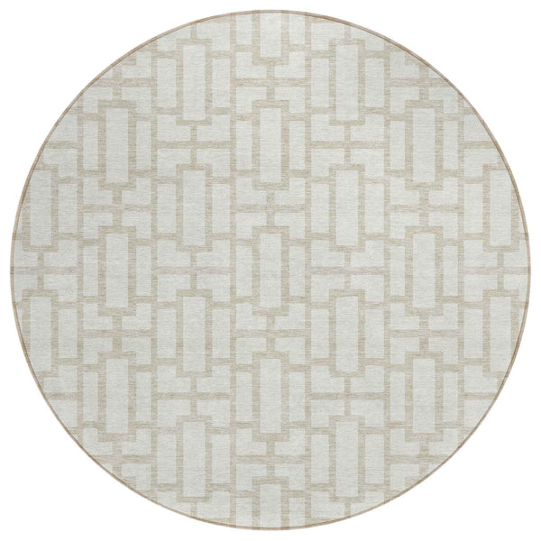 8' Ivory And Beige Round Geometric Washable Indoor Outdoor Area Rug