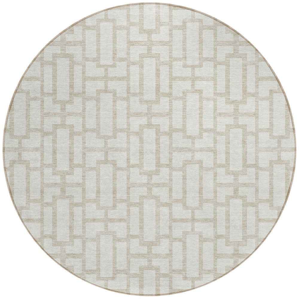 8' Ivory And Beige Round Geometric Washable Indoor Outdoor Area Rug