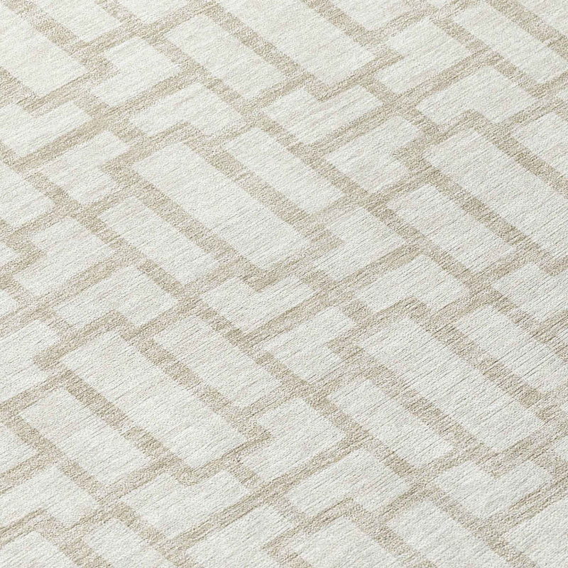 8' Ivory And Beige Round Geometric Washable Indoor Outdoor Area Rug