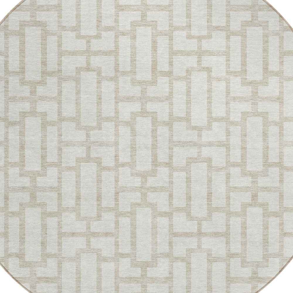 8' Ivory And Beige Round Geometric Washable Indoor Outdoor Area Rug