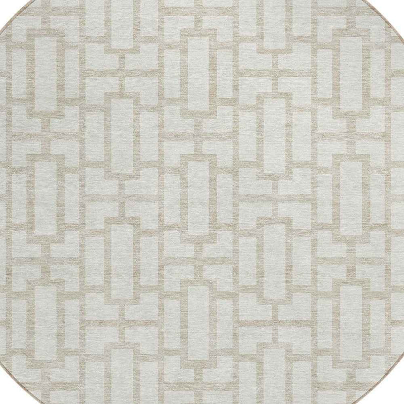 8' Ivory And Beige Round Geometric Washable Indoor Outdoor Area Rug