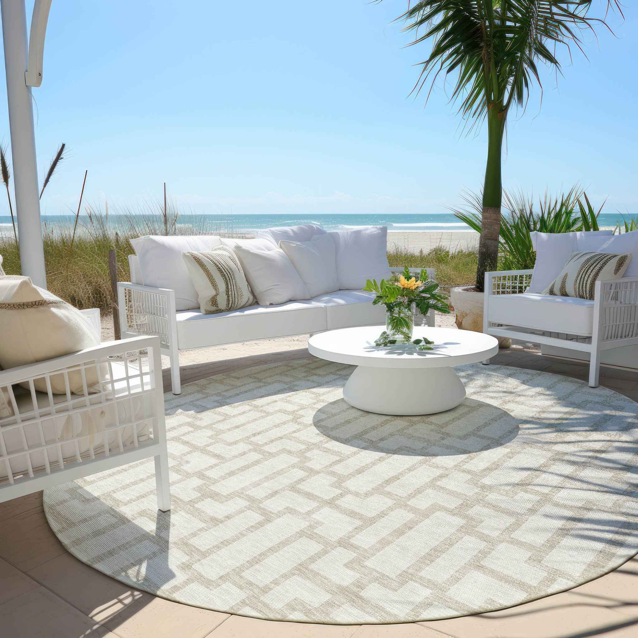 8' Ivory And Beige Round Geometric Washable Indoor Outdoor Area Rug
