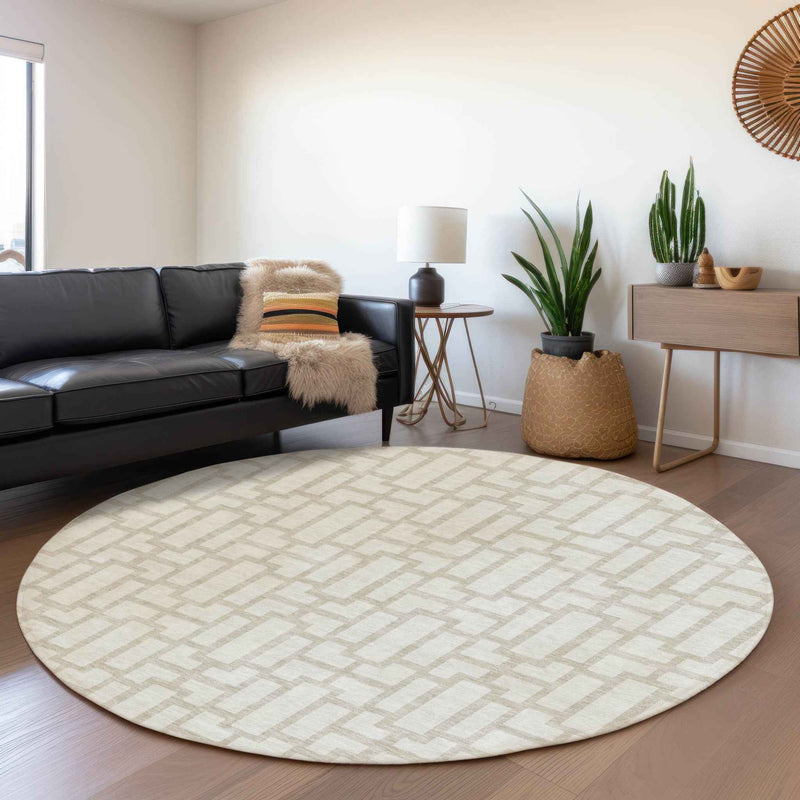8' Ivory And Beige Round Geometric Washable Indoor Outdoor Area Rug