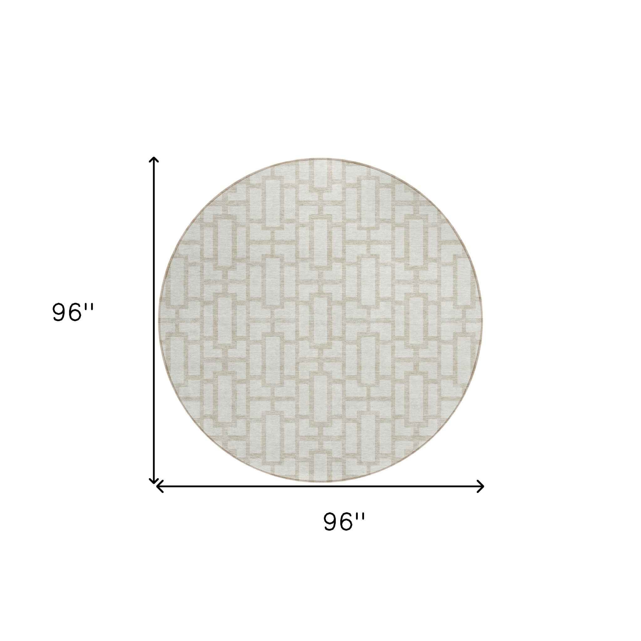 8' Ivory And Beige Round Geometric Washable Indoor Outdoor Area Rug