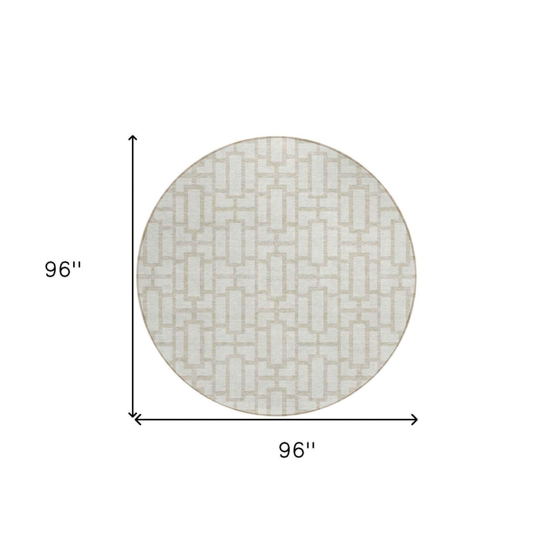 8' Ivory And Beige Round Geometric Washable Indoor Outdoor Area Rug