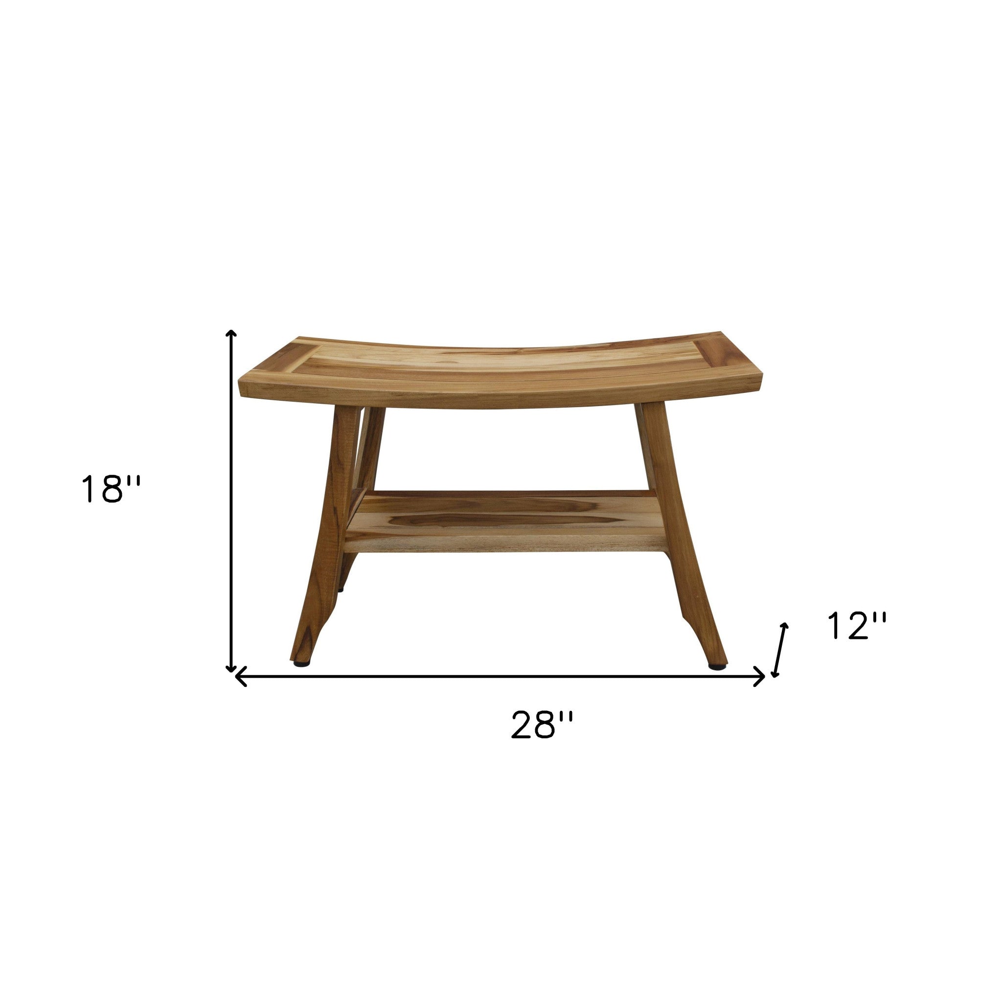 Natural teak shower bench with lower shelf, overall size 28 x 12 x 18 in