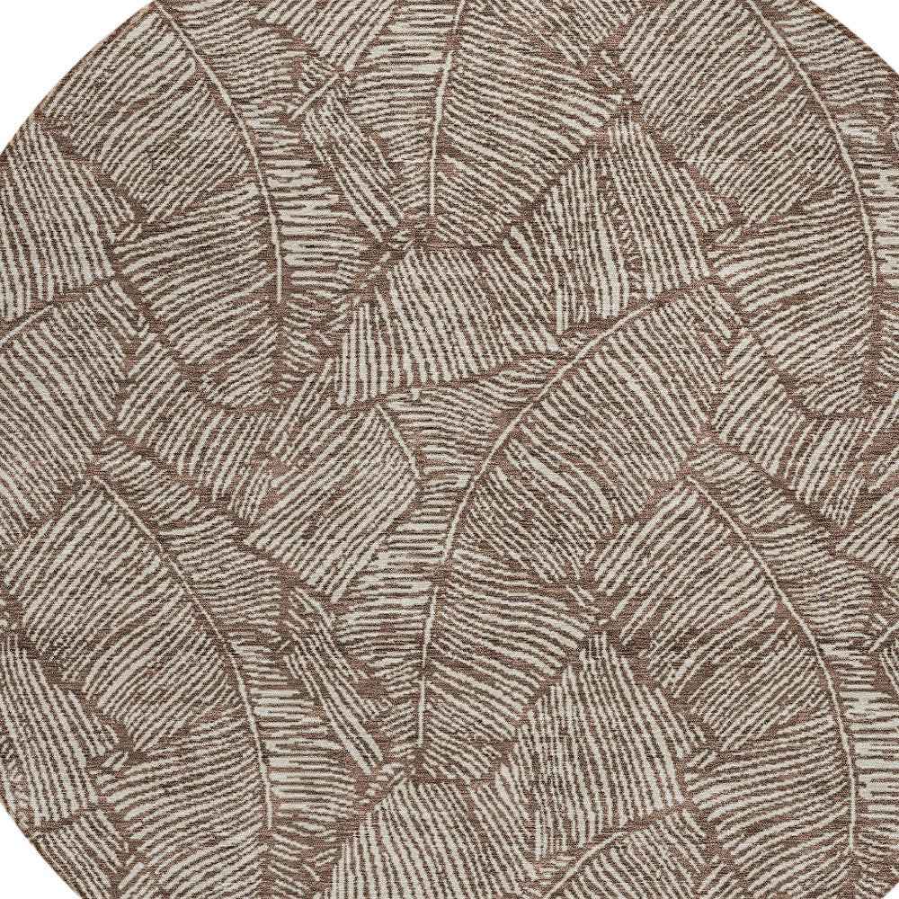 8' Brown And Beige Round Floral Washable Indoor Outdoor Area Rug