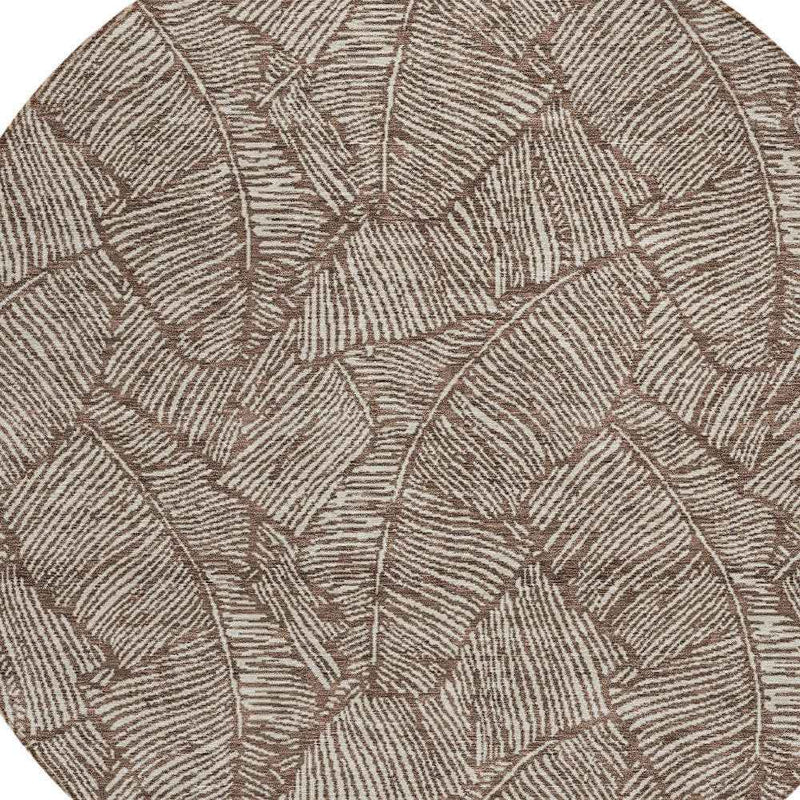 8' Brown And Beige Round Floral Washable Indoor Outdoor Area Rug