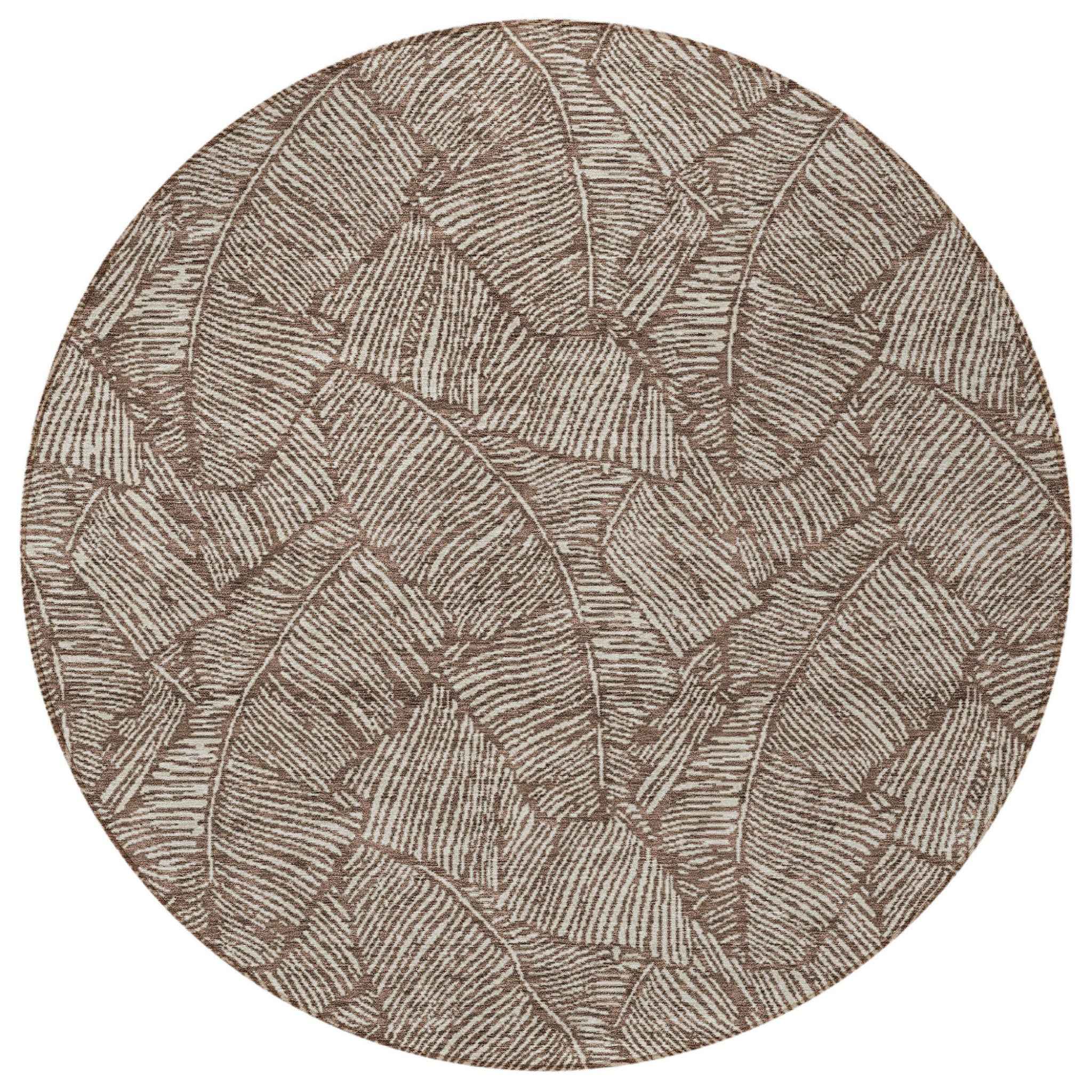 8' Brown And Beige Round Floral Washable Indoor Outdoor Area Rug