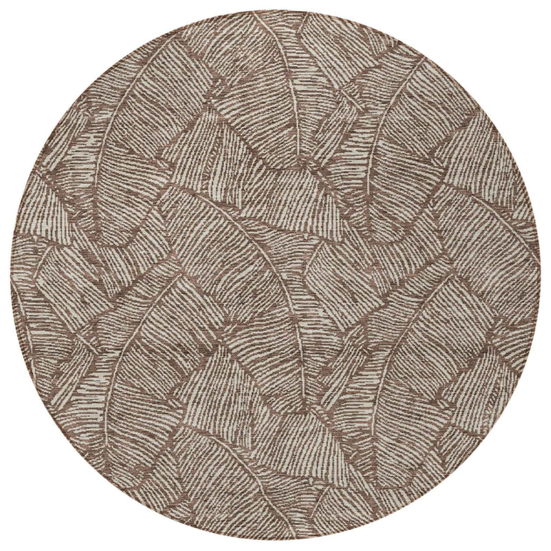 8' Brown And Beige Round Floral Washable Indoor Outdoor Area Rug