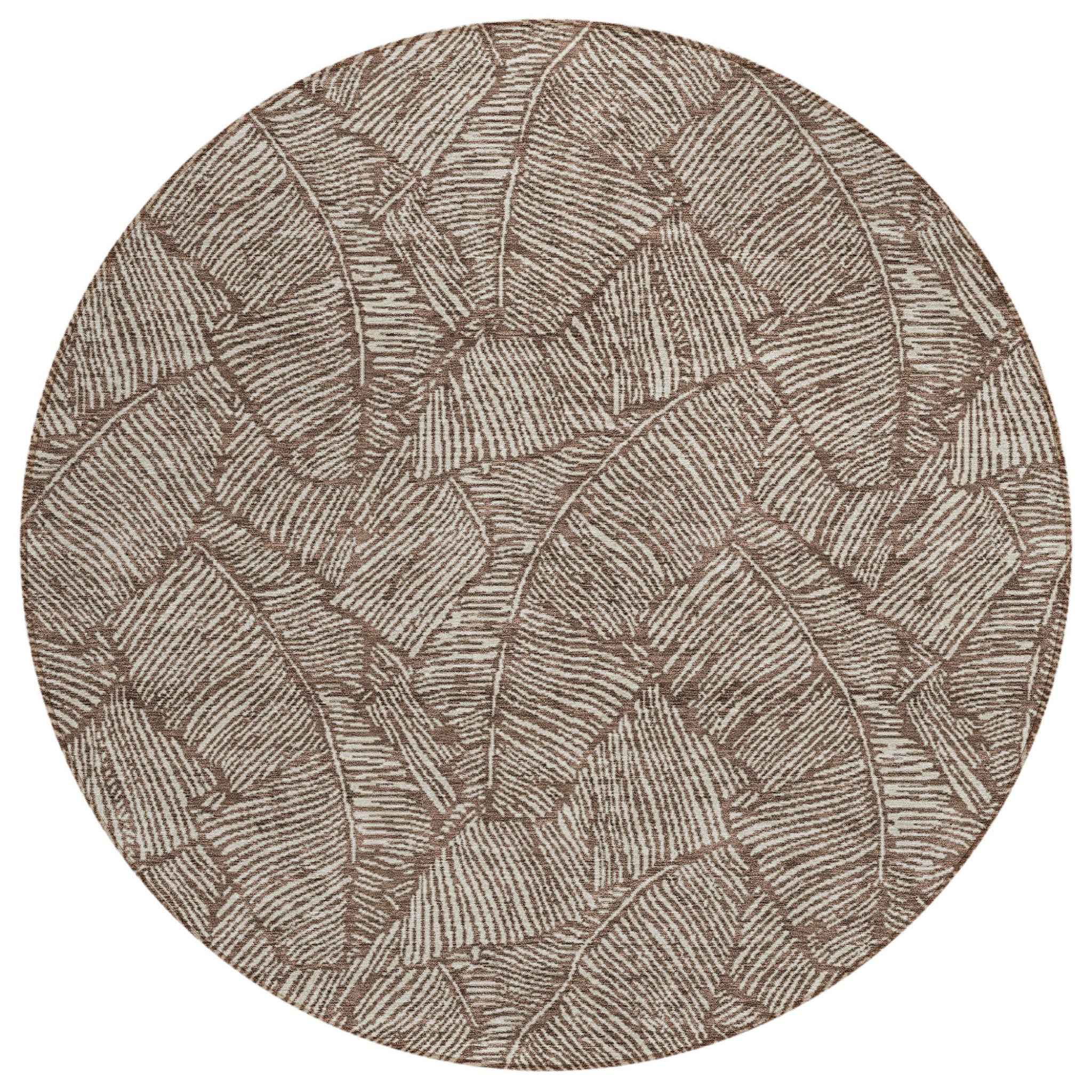 8' Brown And Beige Round Floral Washable Indoor Outdoor Area Rug