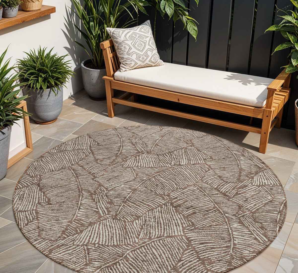 8' Brown And Beige Round Floral Washable Indoor Outdoor Area Rug