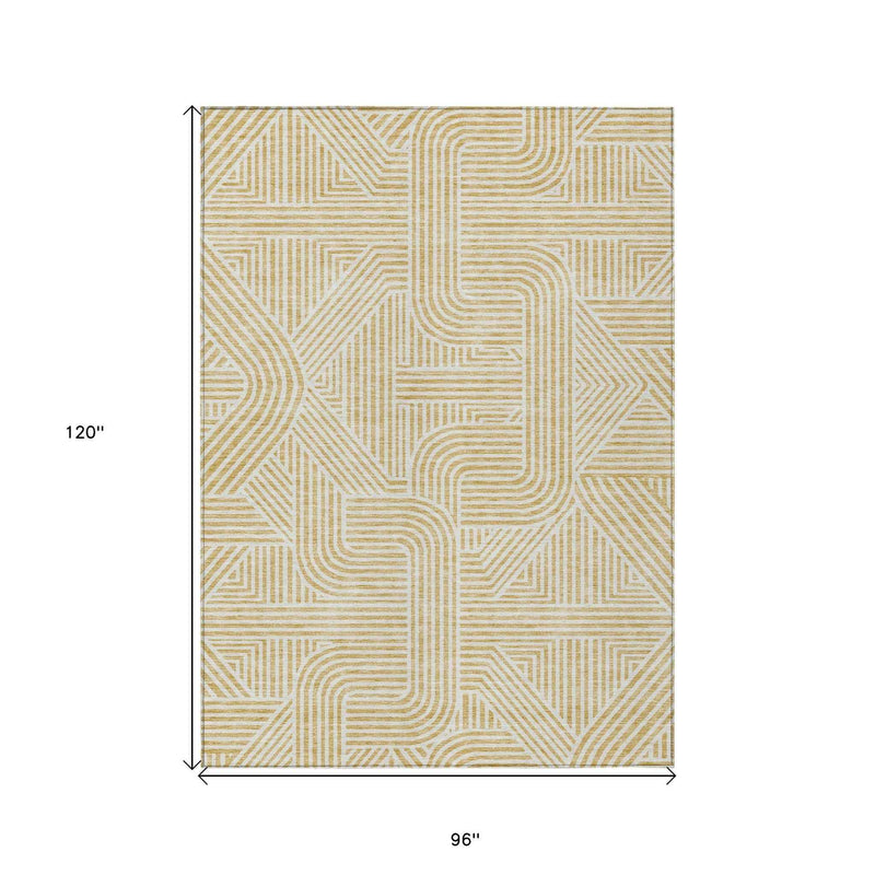 8' X 10' Gold And Beige Abstract Washable Indoor Outdoor Area Rug