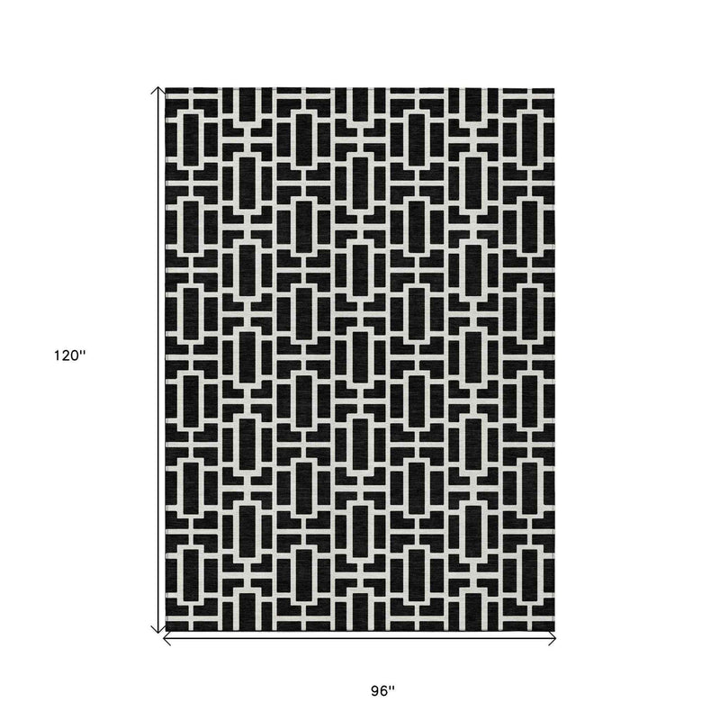 8' X 10' Black And Ivory Geometric Washable Indoor Outdoor Area Rug