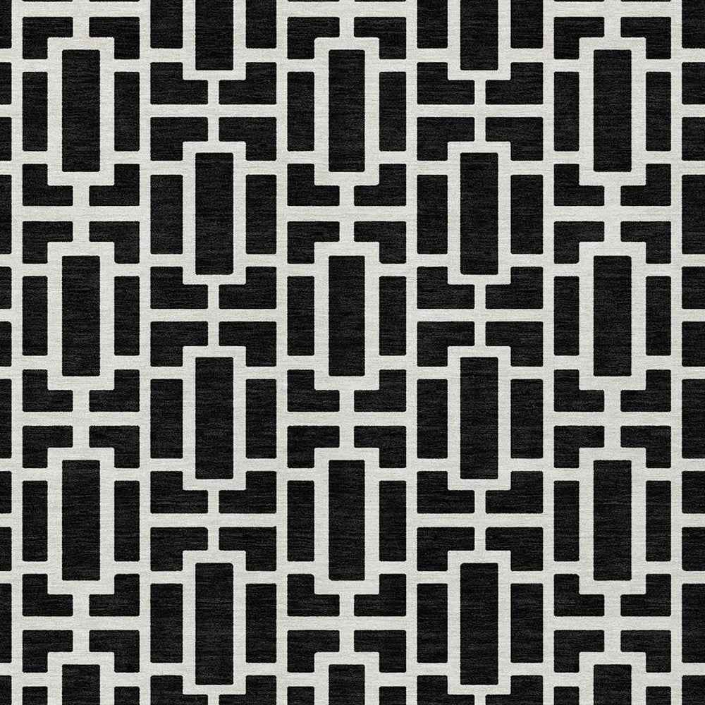 8' X 10' Black And Ivory Geometric Washable Indoor Outdoor Area Rug