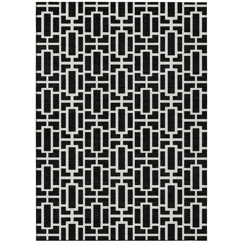 8' X 10' Black And Ivory Geometric Washable Indoor Outdoor Area Rug