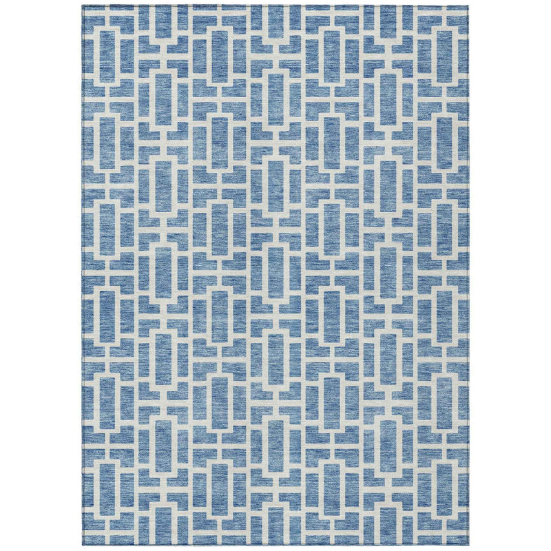 10' X 14' Denim Blue And Ivory Geometric Washable Indoor Outdoor Area Rug