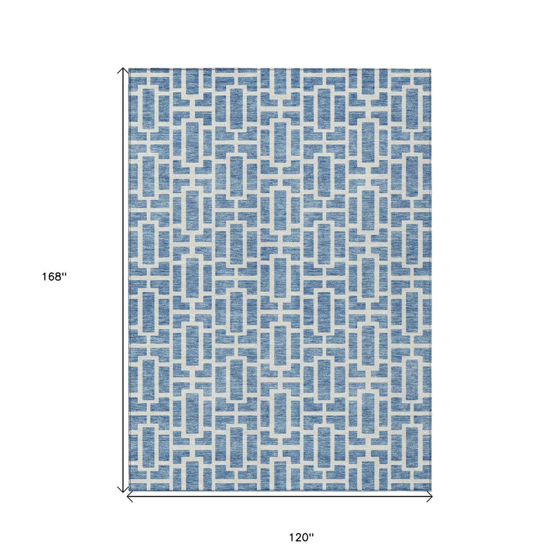 10' X 14' Denim Blue And Ivory Geometric Washable Indoor Outdoor Area Rug