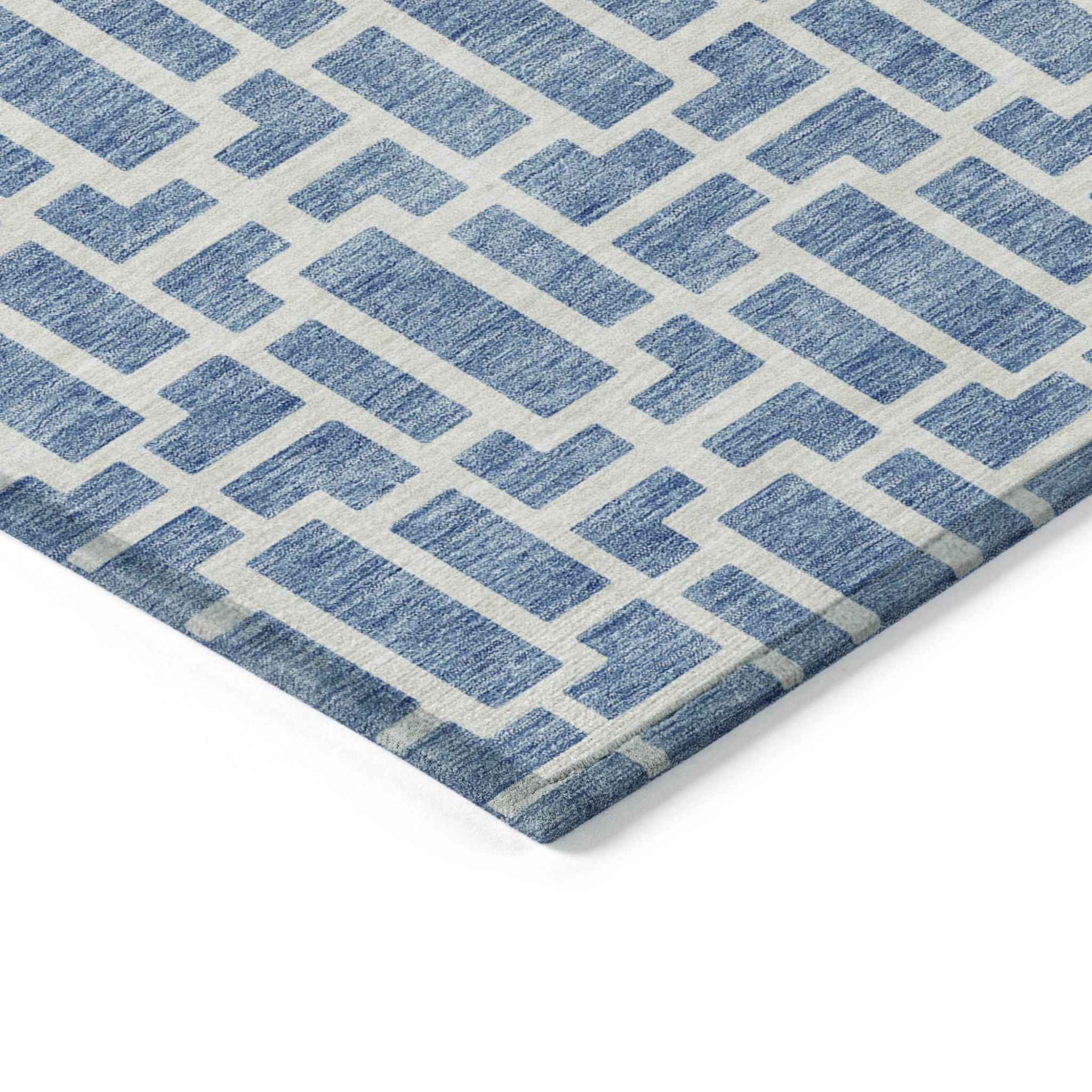10' X 14' Denim Blue And Ivory Geometric Washable Indoor Outdoor Area Rug