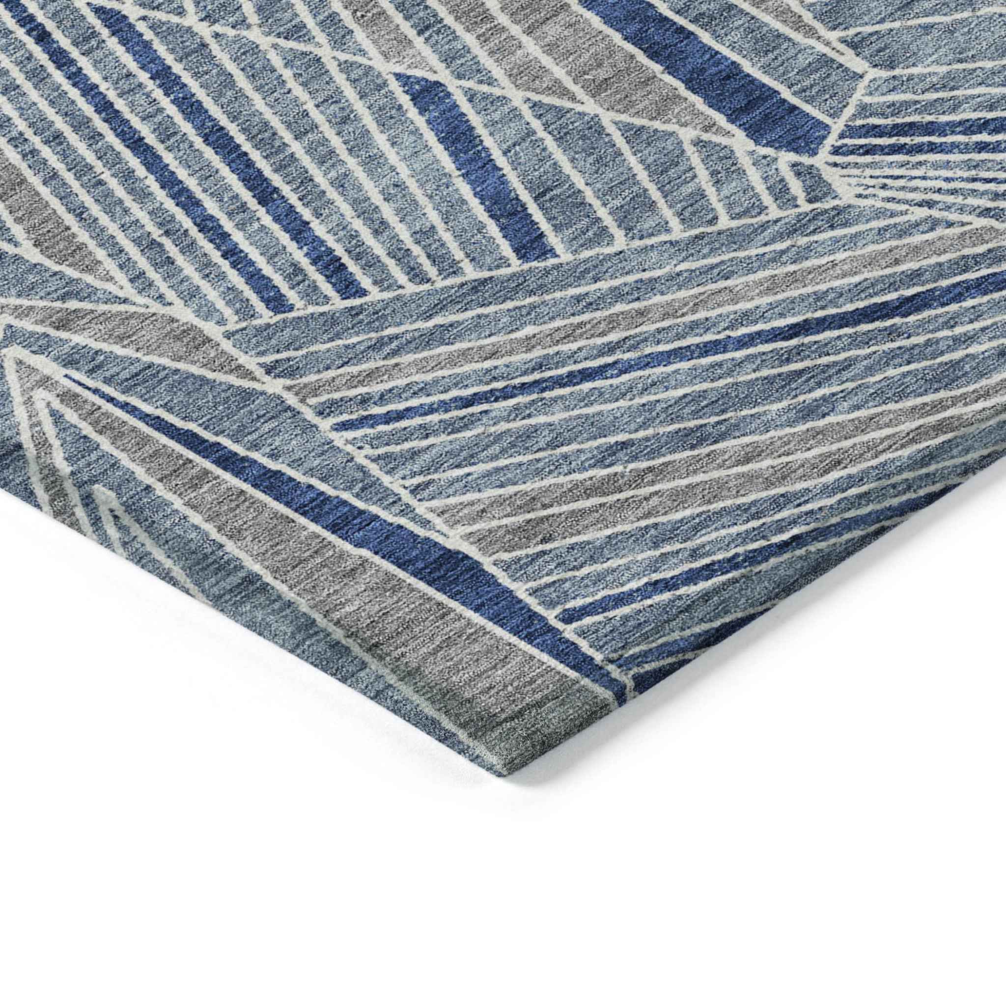 10' X 14' Denim Blue Gray And Ivory Geometric Washable Indoor Outdoor Area Rug