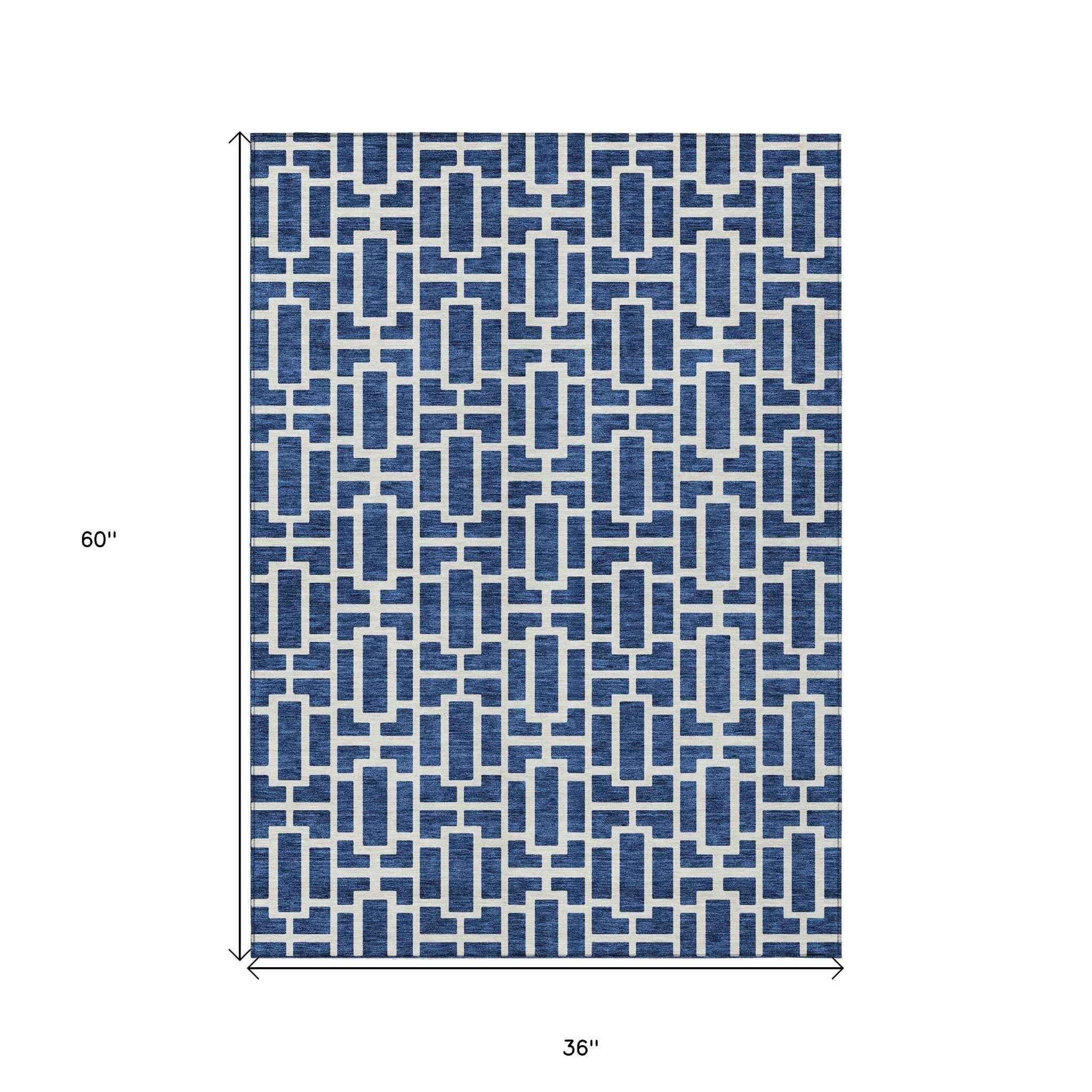 3' X 5' Navy Blue And Ivory Geometric Washable Indoor Outdoor Area Rug
