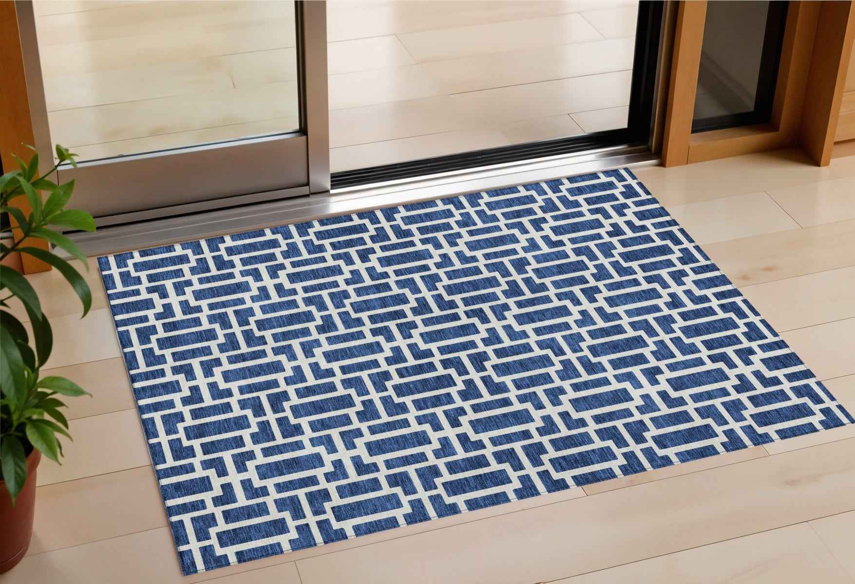 3' X 5' Navy Blue And Ivory Geometric Washable Indoor Outdoor Area Rug