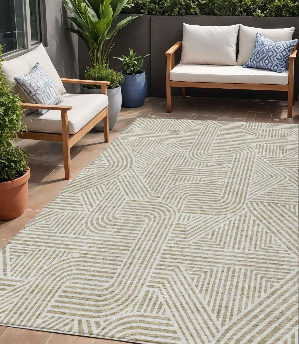 5' X 8' Beige And Brown Abstract Washable Indoor Outdoor Area Rug