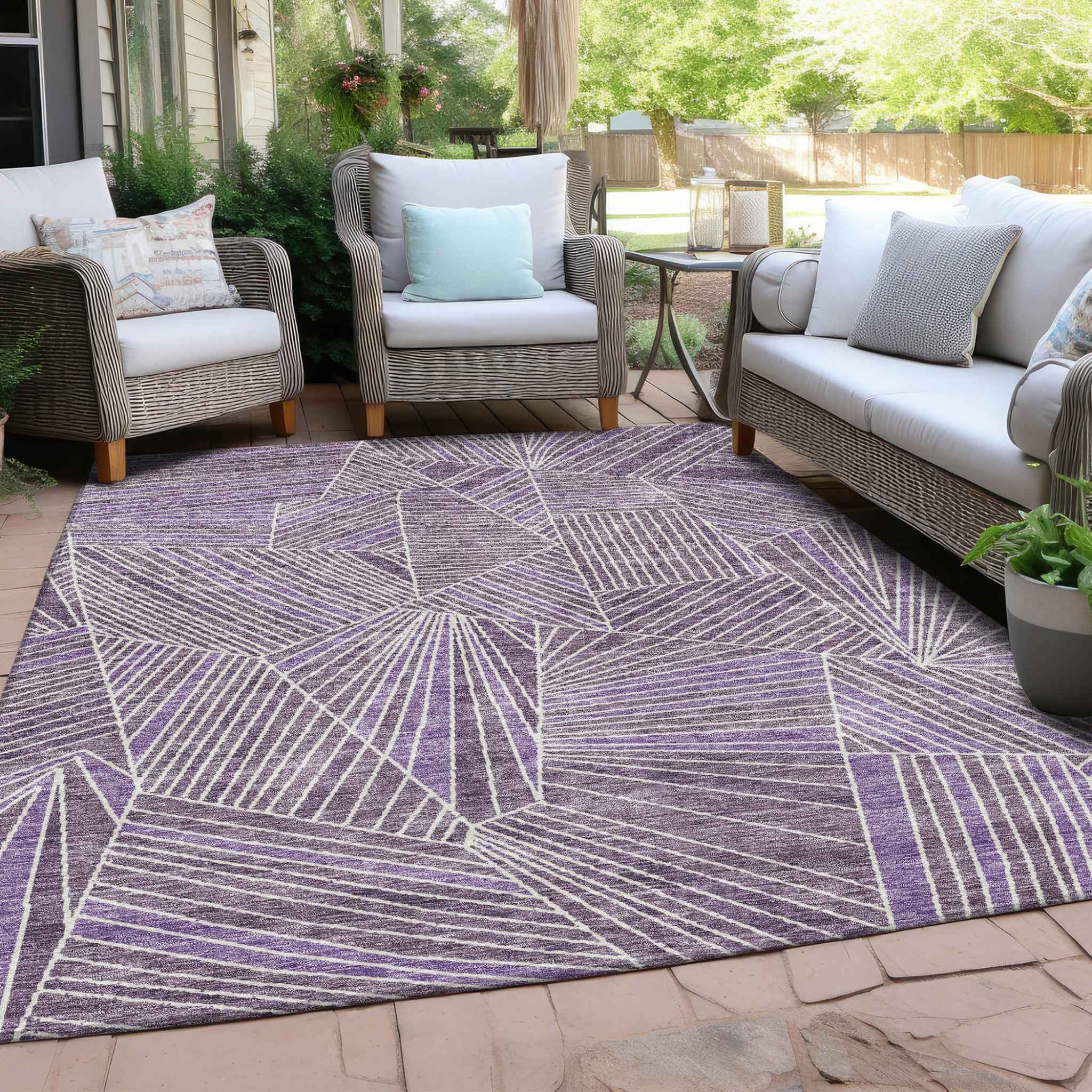 8' X 10' Purple And Ivory Geometric Washable Indoor Outdoor Area Rug