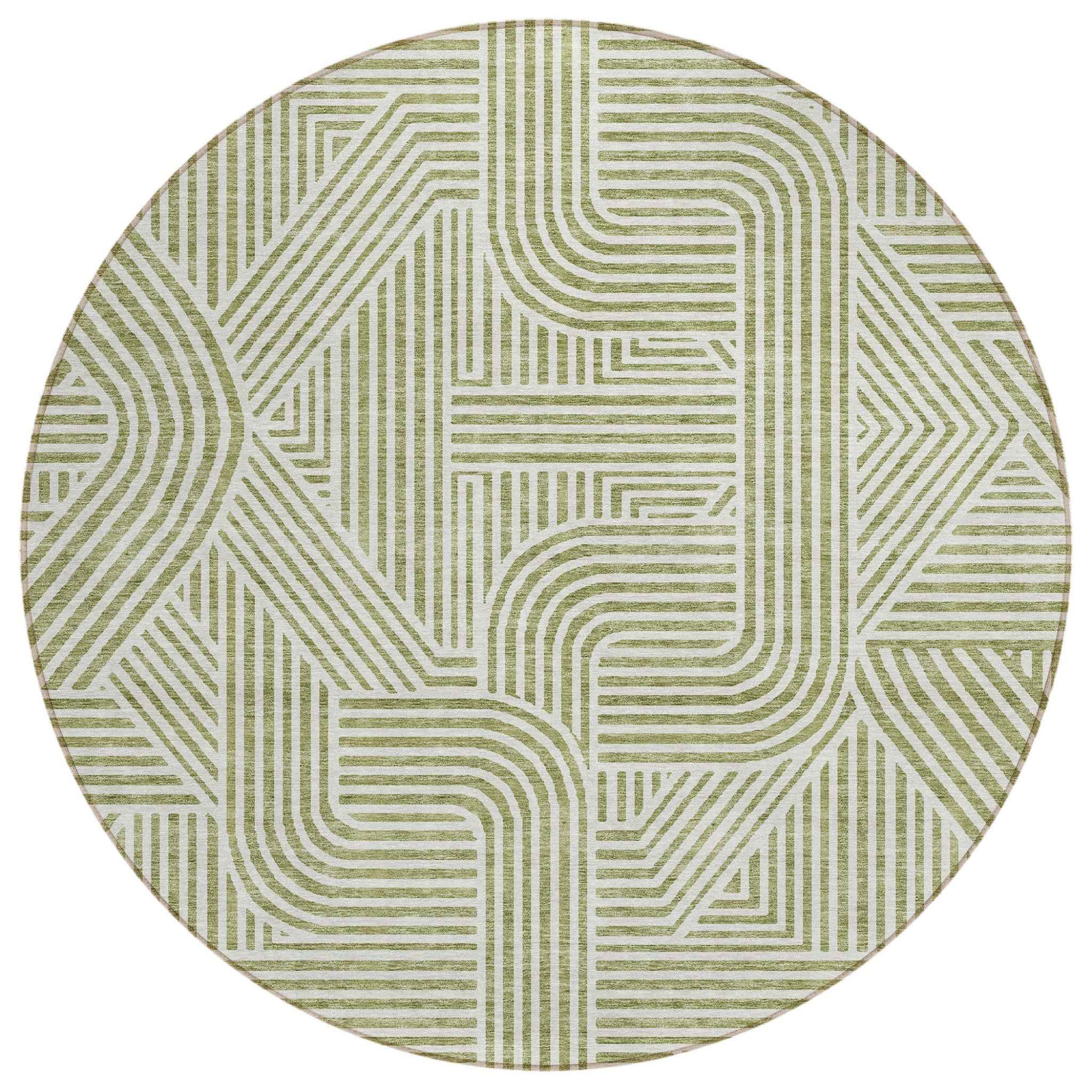 8' Artichoke Green And Ivory Round Abstract Washable Indoor Outdoor Area Rug