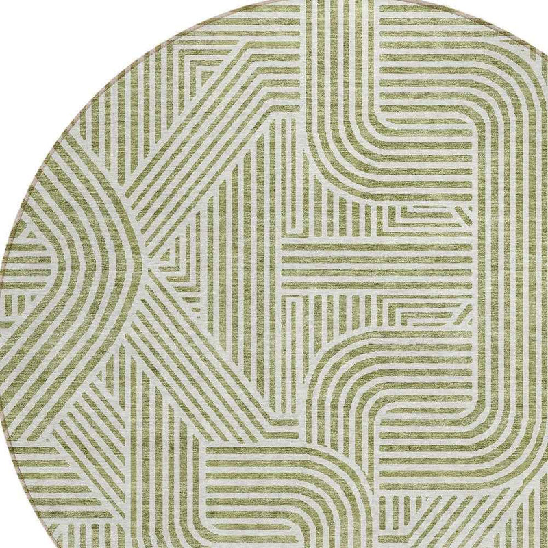 8' Artichoke Green And Ivory Round Abstract Washable Indoor Outdoor Area Rug