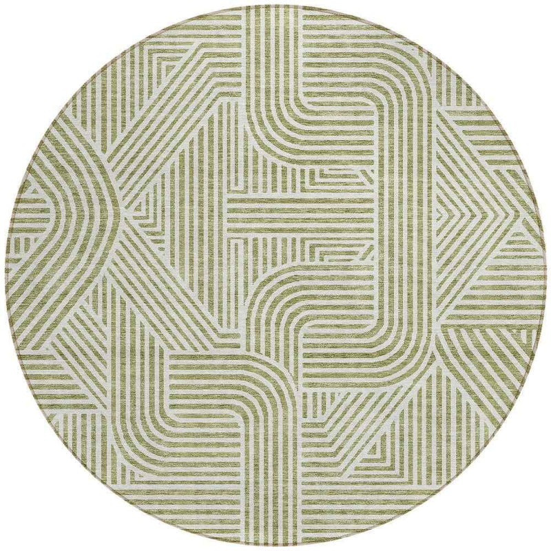 8' Artichoke Green And Ivory Round Abstract Washable Indoor Outdoor Area Rug