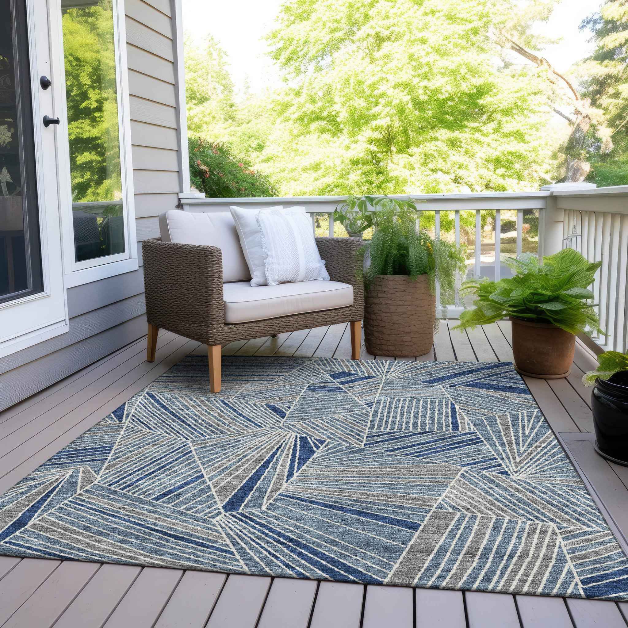 8' X 10' Denim Blue Gray And Ivory Geometric Washable Indoor Outdoor Area Rug