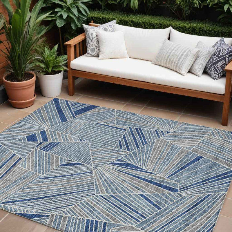 8' X 10' Denim Blue Gray And Ivory Geometric Washable Indoor Outdoor Area Rug
