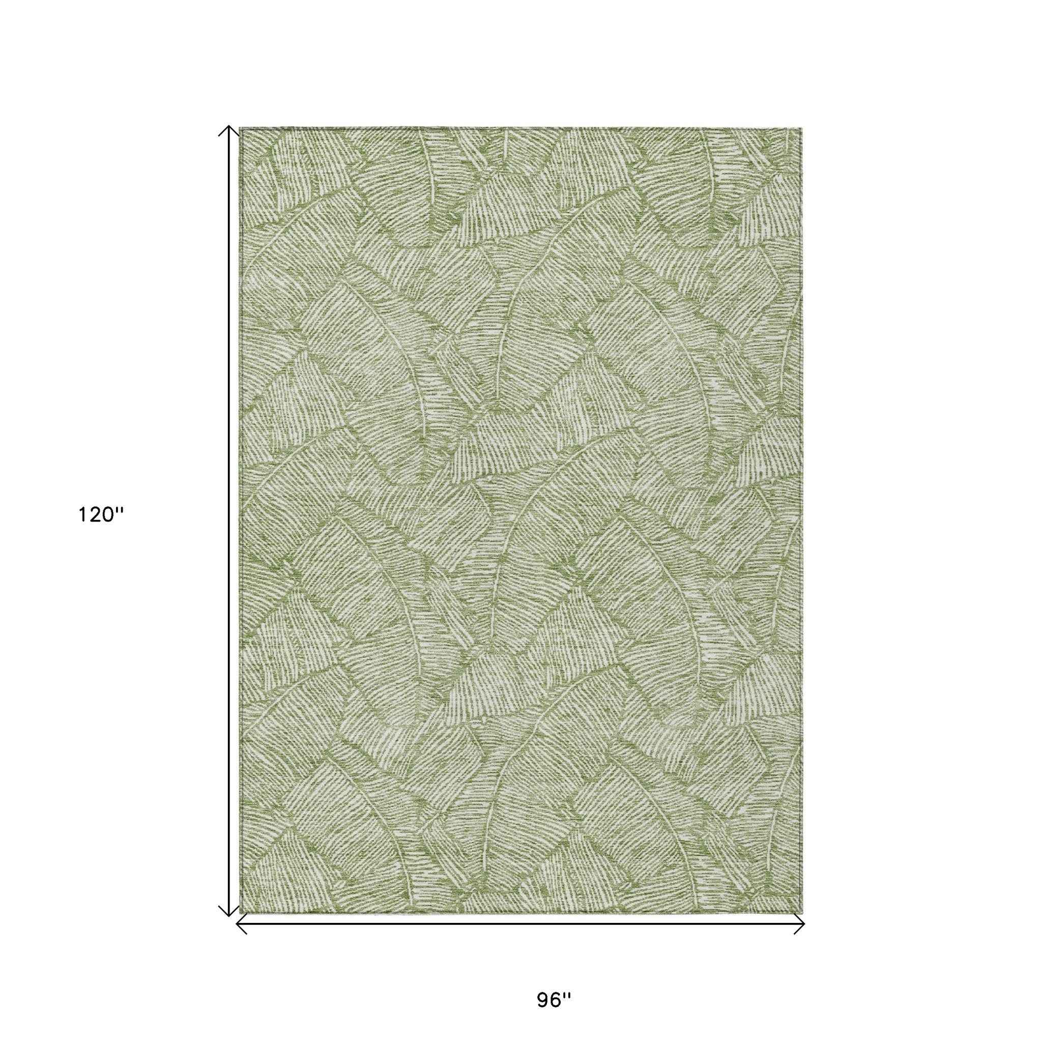 8' X 10' Green And Ivory Floral Washable Indoor Outdoor Area Rug