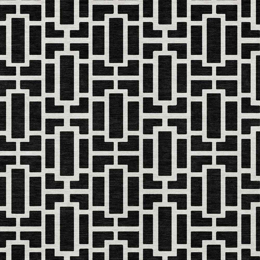 10' X 14' Black And Ivory Geometric Washable Indoor Outdoor Area Rug